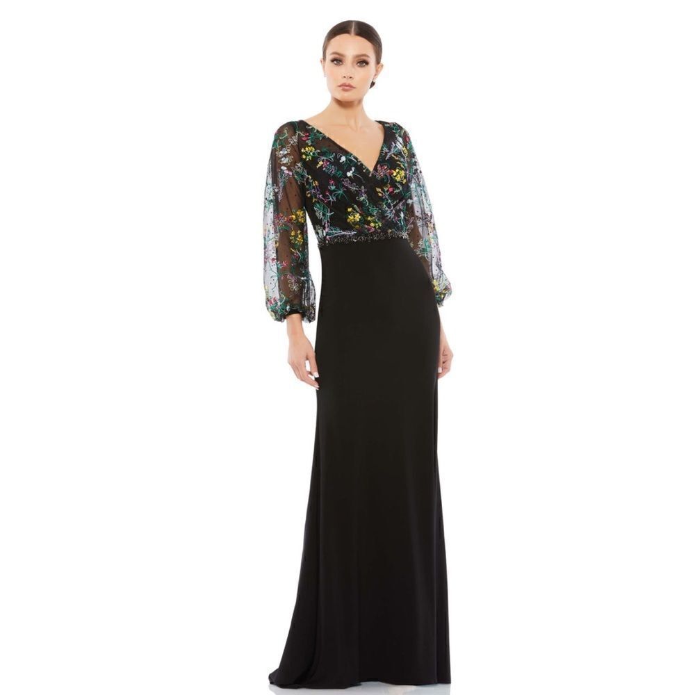 Mac Duggal EMBROIDERED ILLUSION PUFF SLEEVE COLUMN GOWN 79379